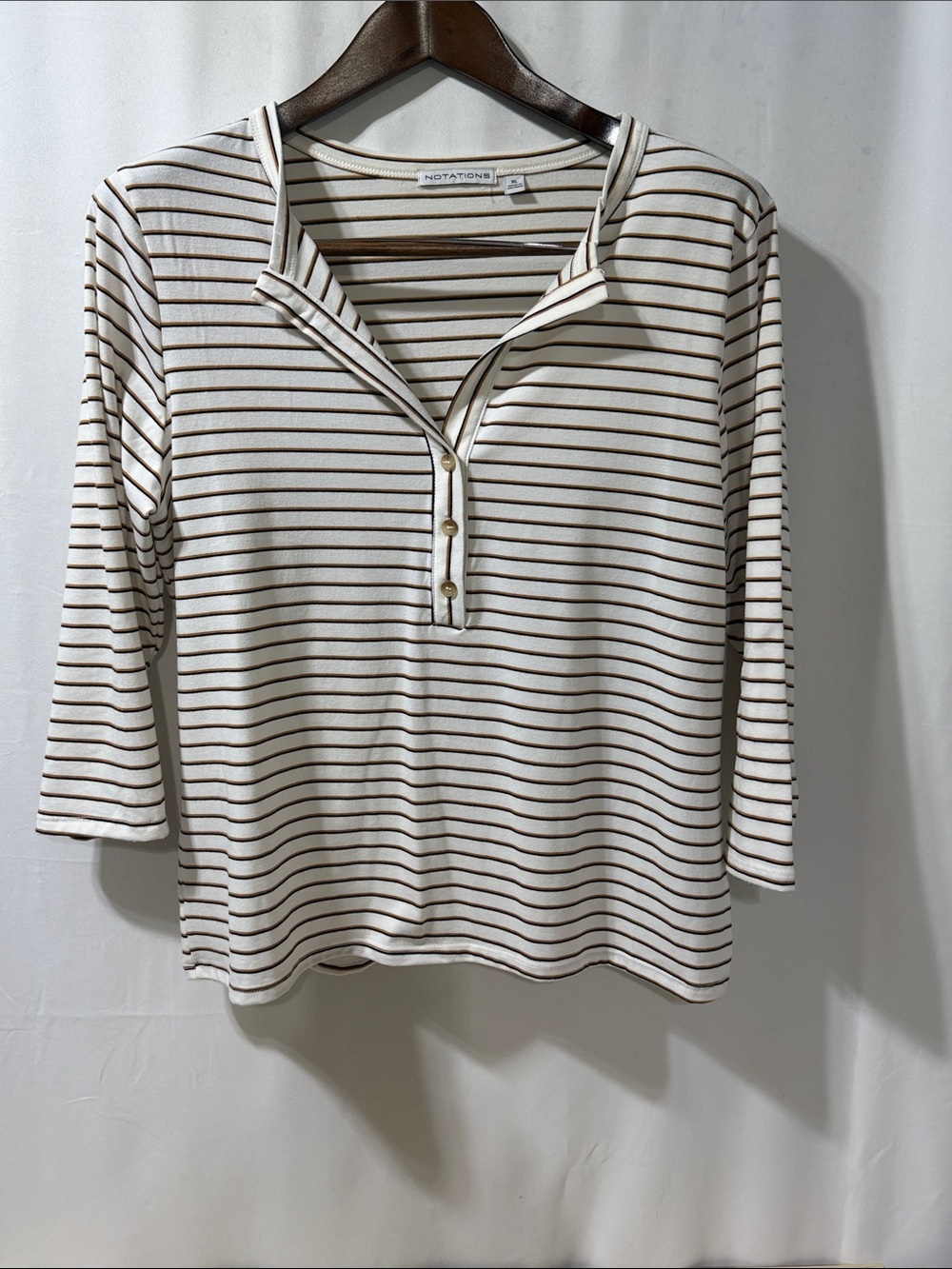 Notations Cream and Brown Striped Henley Tee